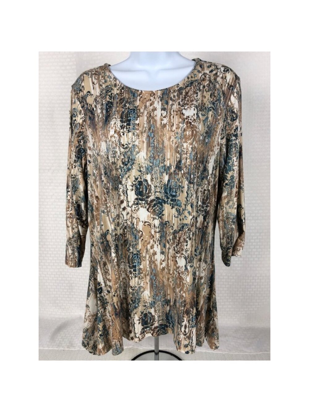 Ruby Rd Womens Top Size PL Brown Blue w Gold Beading Round Neckline 3/4 Sleeves